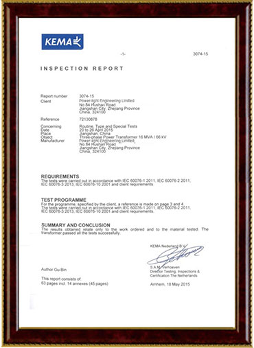 Transformer certificate