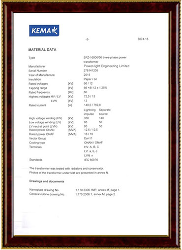 Transformer certificate