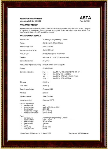Transformer certificate