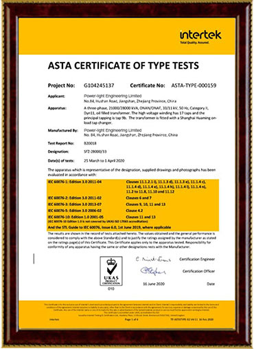 Transformer certificate