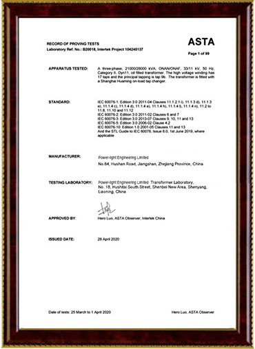 Transformer certificate