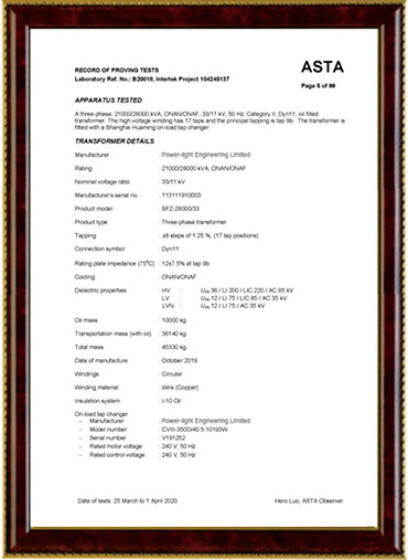 Transformer certificate