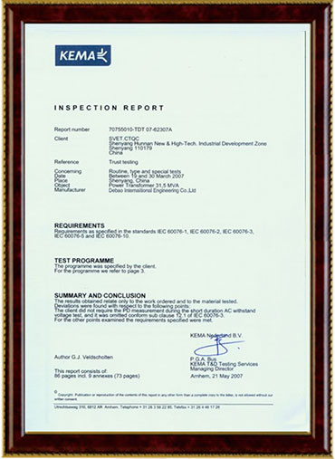 Transformer certificate