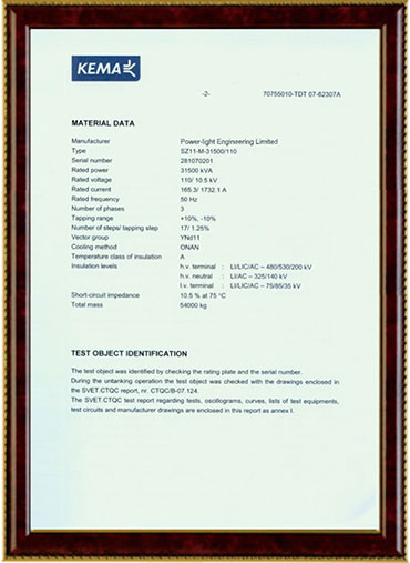 Transformer certificate